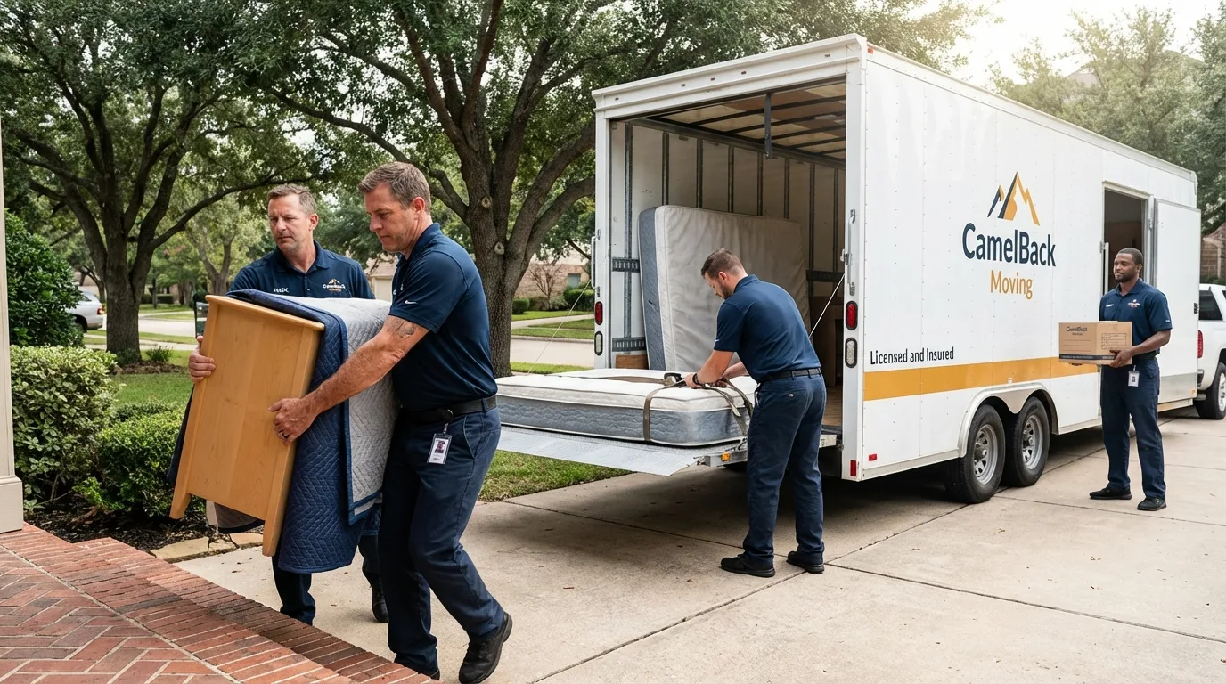 Crew loading residential truck for cross-state move from Primghar, IA