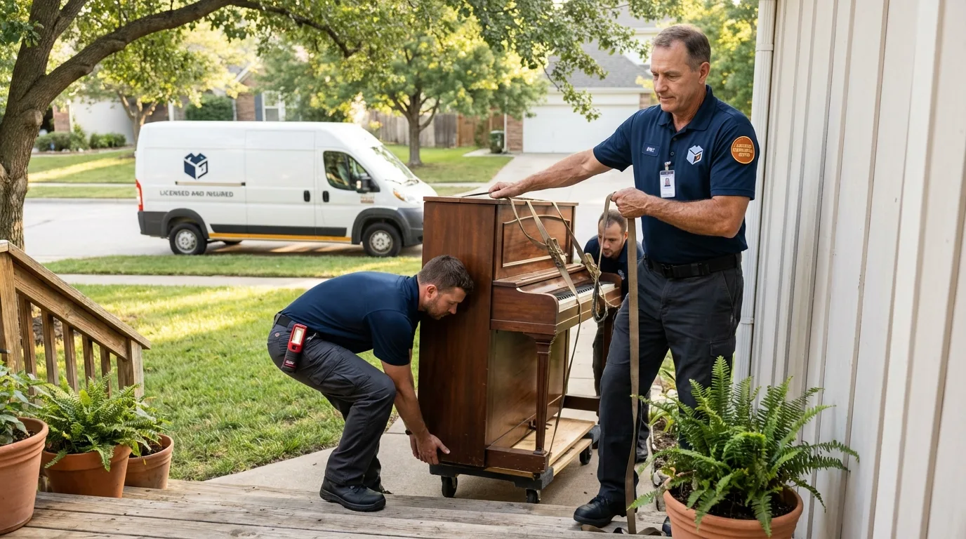 Licensed piano movers securing grand piano in Primghar, IA